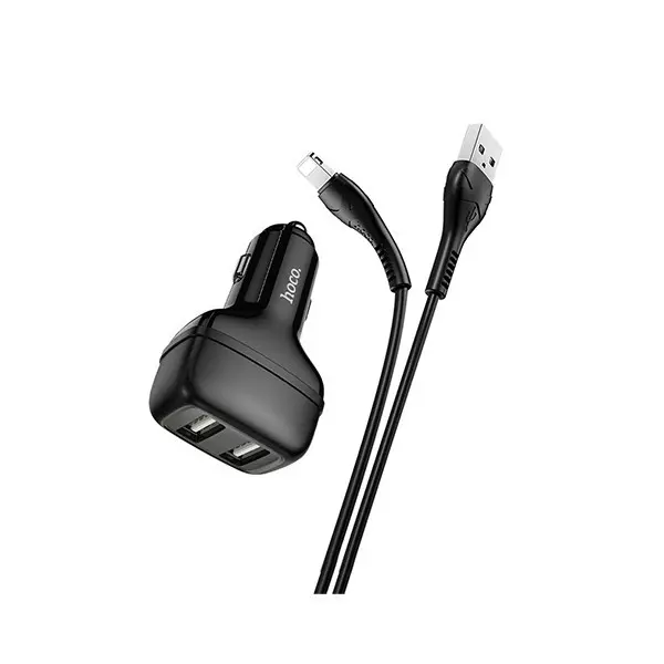 Chargeur Voiture hoco + Cable Lightning Avec double Port USB 2.4A Black Chargeur Voiture hoco + Cable Lightning Avec double Port USB 2.4A Black