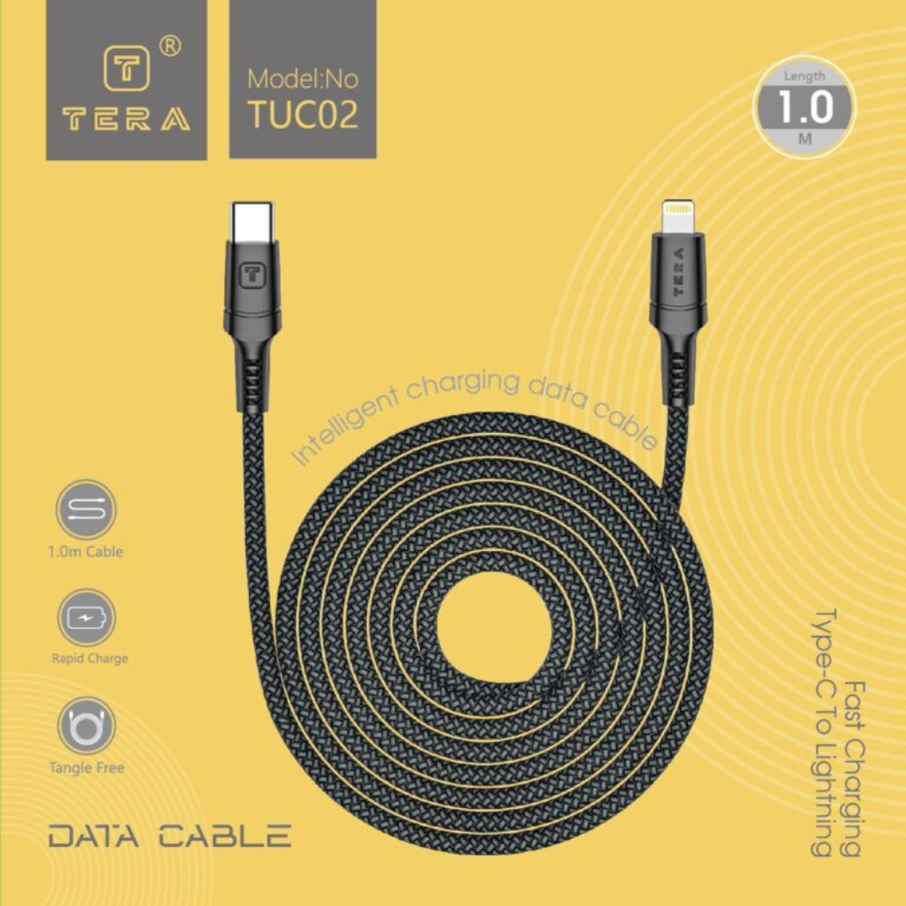 Cable USB-C Vers Lightning TERA Fast Charging 1m - Noir (1) Cable USB-C Vers Lightning TERA Fast Charging 1m - Noir