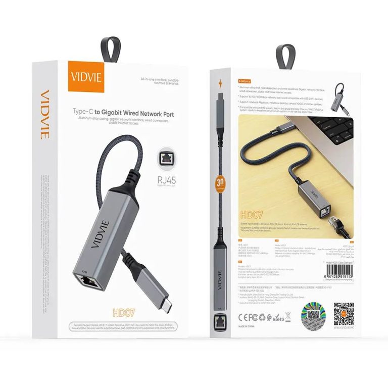 Adaptateur Type-C Vers Ethernet RJ45 Vidvie Gris
